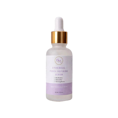 A 30 ml dropper bottle of CST Ethereal Pores Refining Serum, featuring a frosted glass bottle, white dropper cap, and a metallic gold collar, with a white and lavender label.